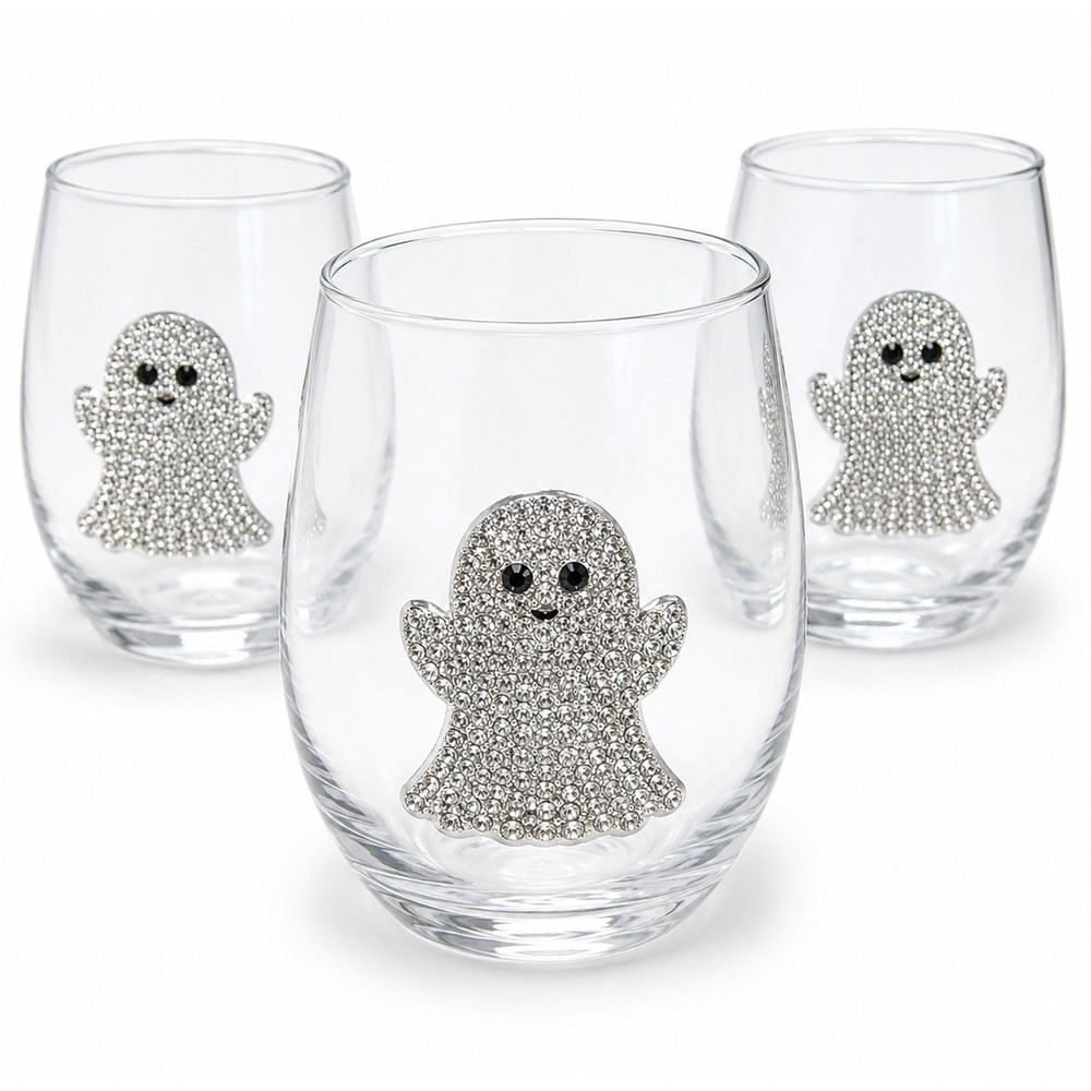 Noir Night Ghost Rhinestone Wine Glass Set of 3 Stemless Spooky Halloween Goth